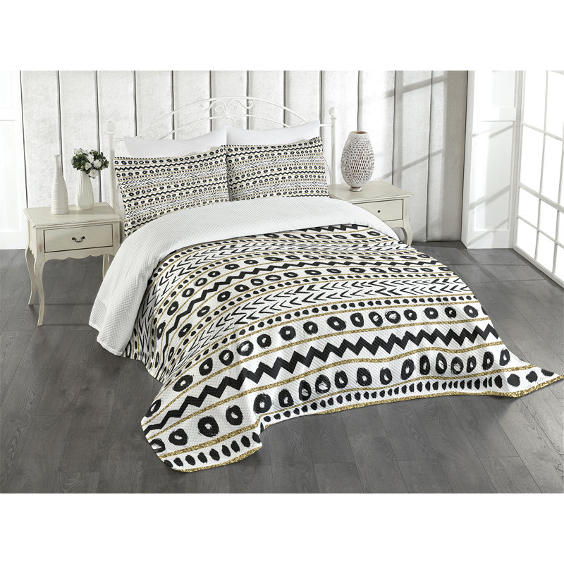 Ambesonne Boho Bedspread Set Abstract Prehistoric Black Yellow, King Coverlet / Bedspread + 2 Standard Shams