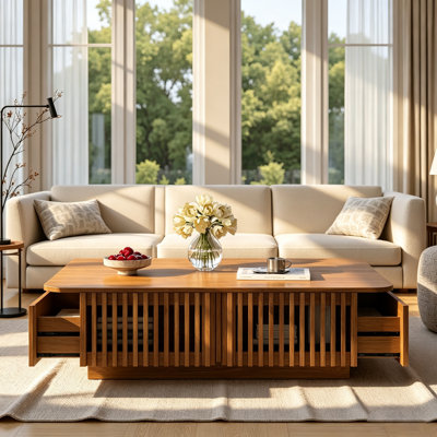 Mid-Century Modern Rectangular Coffee Table with Pull Out Slatted Side Storage Drawers, Low Profile Solid Wood Cocktail Table, Farmhouse Hidden Storag