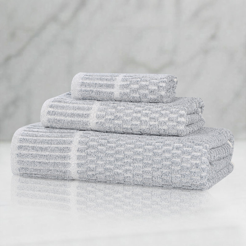 Ensemble de serviettes à bordure à carreaux en mélange de coton et viscose Juno, Bleu denim, Ensemble 3 serviettes de bain