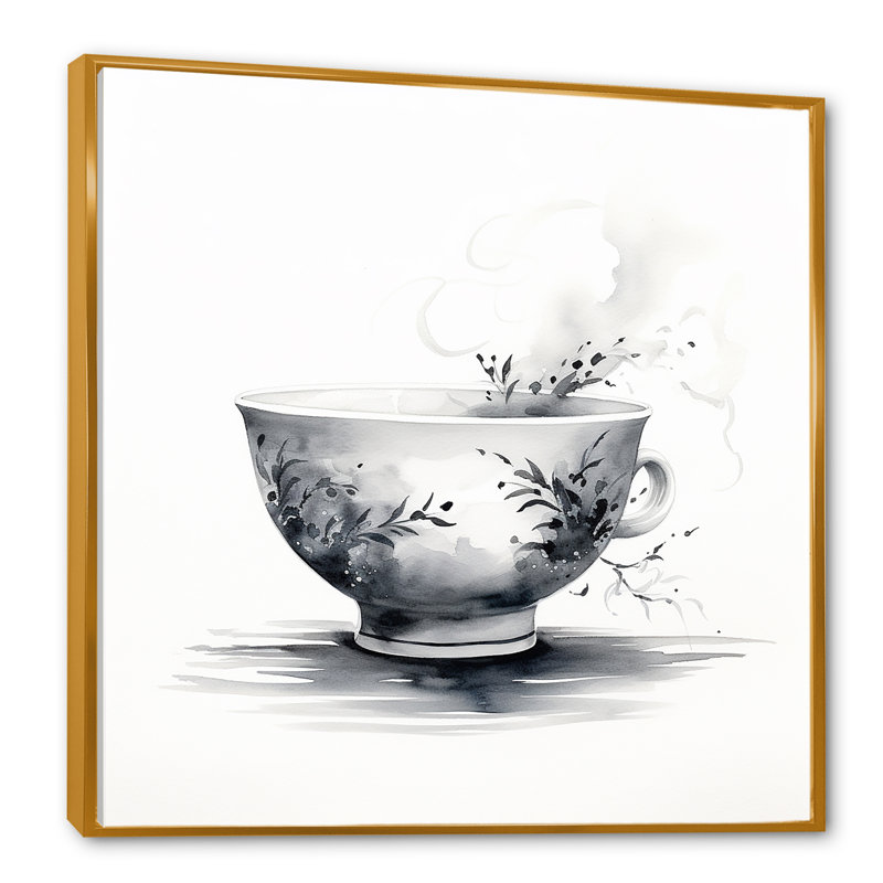 Thé chinois noir et blanc Elegance II - art mural chinois, Cadre flottant doré, H 36 po x l 36 po x P 1,5 po