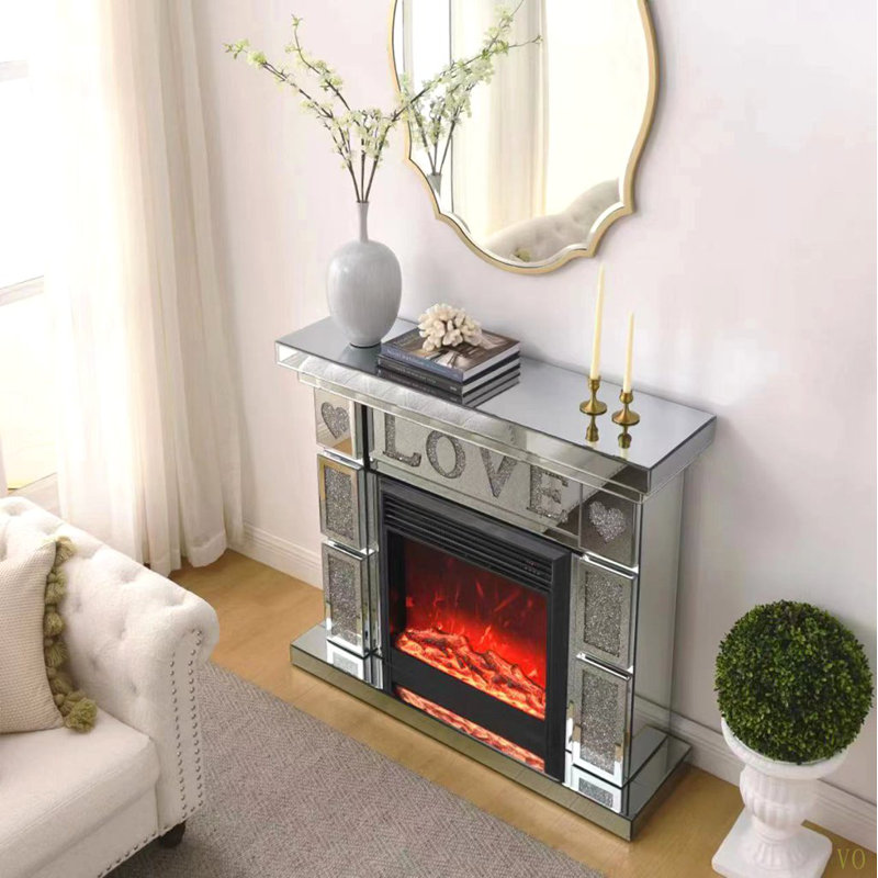 W 46" X D 12.6 X H 41"Acrylic Diamond Mirror Fireplace Cabinet, TV Fireplace Cabinet