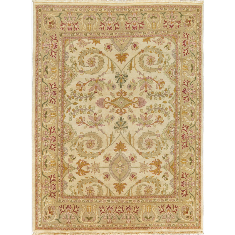 Tapis unique en laine noué à la main de qualité beige, ivoire, rose et brun de 7 pi 9 po x 10 pi 3 po Agra
