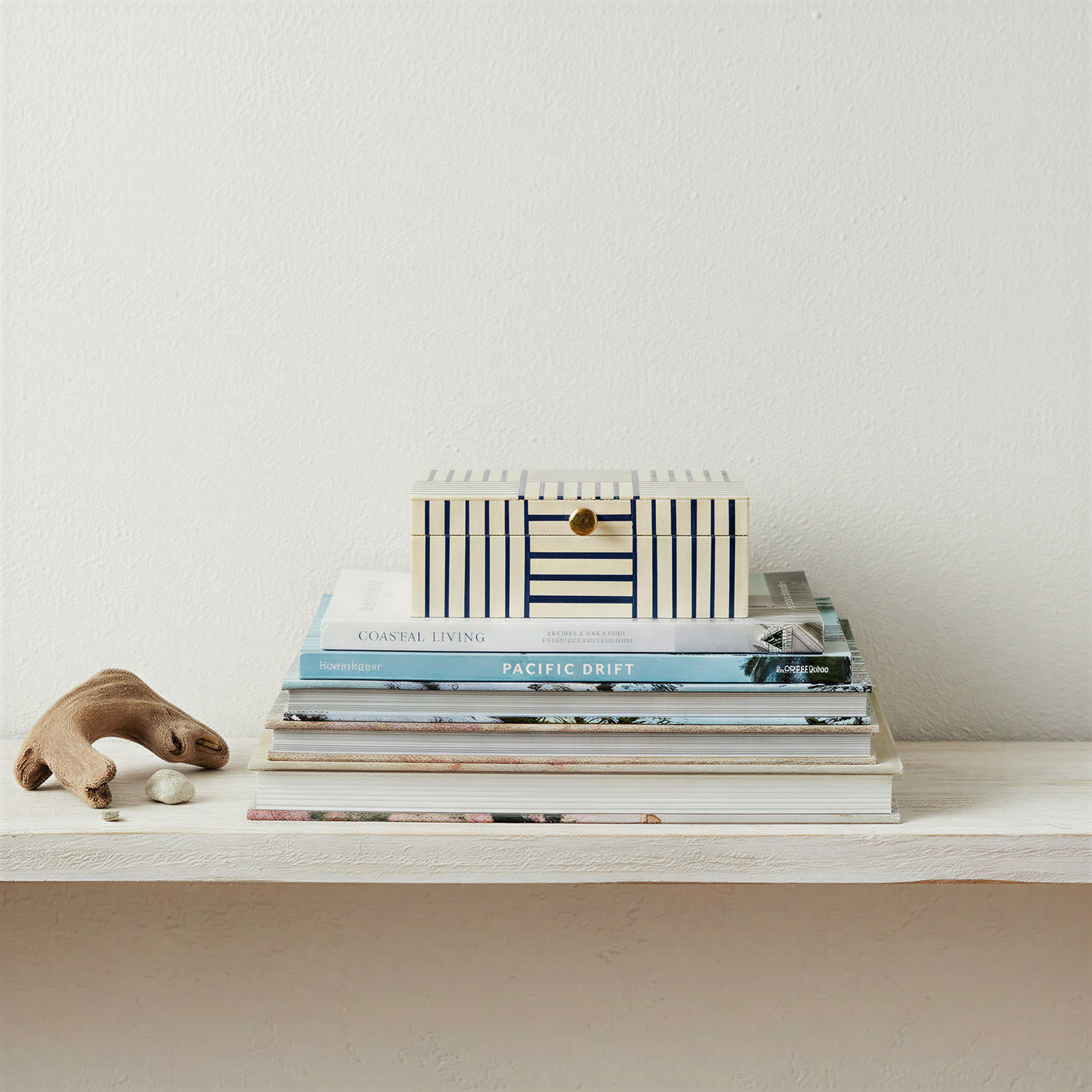 Jona Plastic Storage Box with Striped Block Pattern and Gold Knob, Blue