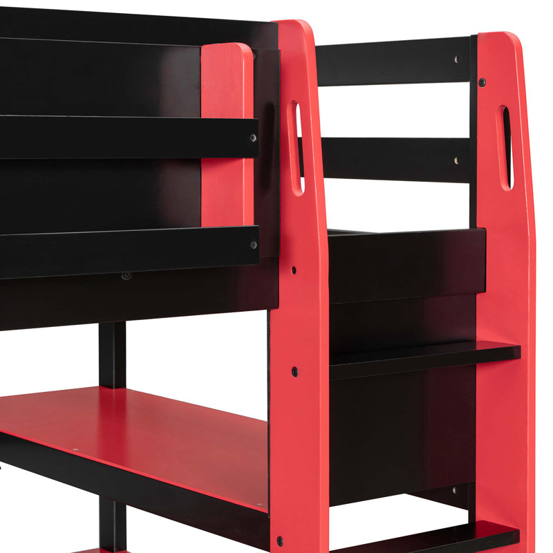 Lit mezzanine simple en bois avec bureau, support de rangement latéral, plusieurs tablettes de rangement et lumière RVB, rouge