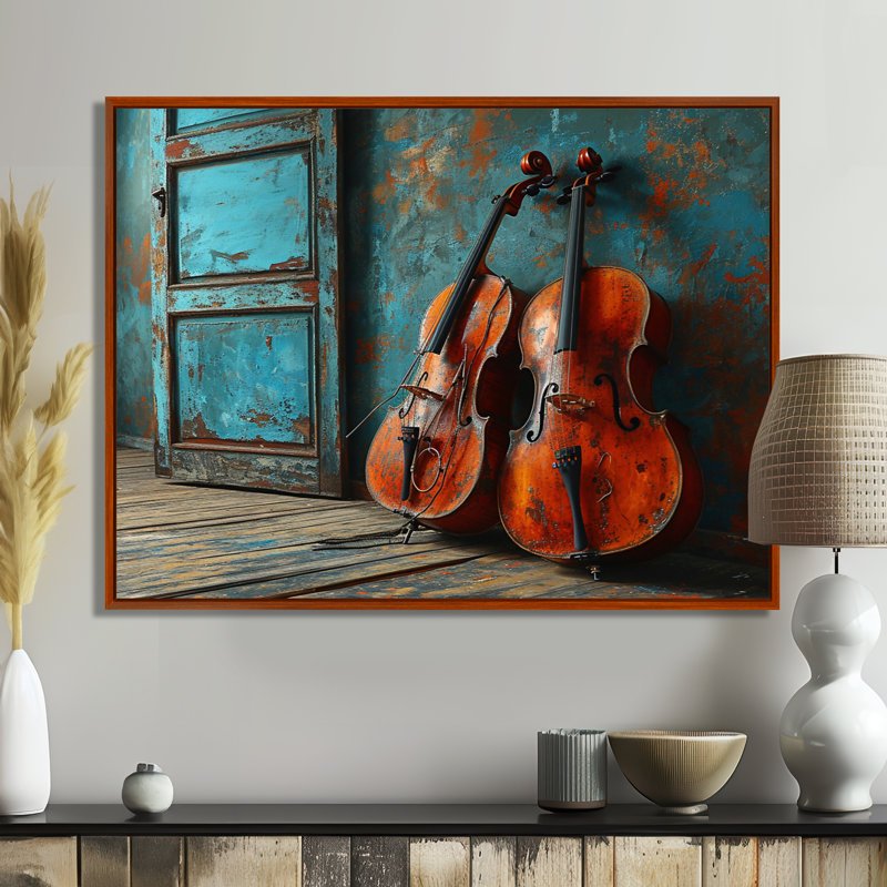 Deux violons dans une chambre bleue sarcelle rustique - musique, art mural, Toile avec cadre flottant brun