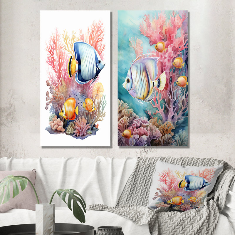 Magnifique poisson papillon rose et bleu - Ensemble de 2 art mural corail sous l'eau, H 32 po x l 32 po