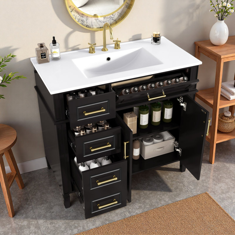 Meuble-lavabo avec lavabo, 1 tiroir rabattable, 3 tiroirs, tablette réglable et poignées en métal doré, Noir