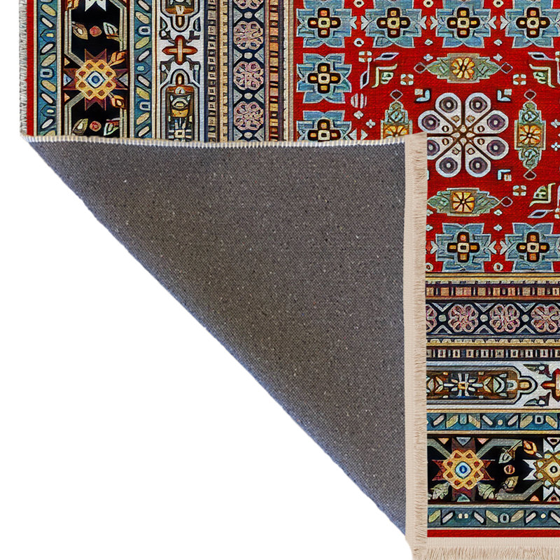 Tapis décoratif rétro à motif bleu et rouge, Rectangle 5 pi 1,02 po x 7 pi 6,55 po