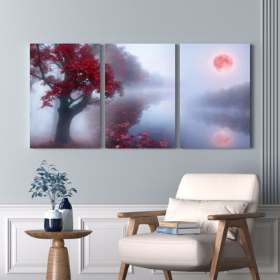 Red Maple Tree And Moonlight Landscape Canvas Wrapped Wall Art Set Of 3