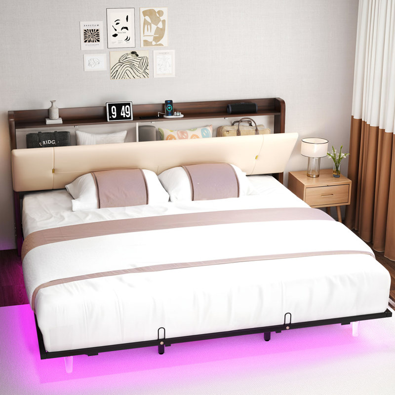 Faux Leather Floating Storage Bed, Queen, Beige