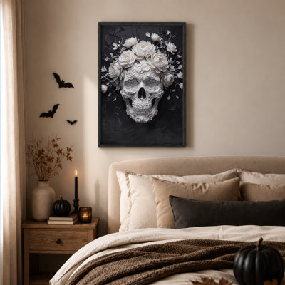Art mural en toile blanche crâne floral blanc sur fond texturé noir d'Halloween