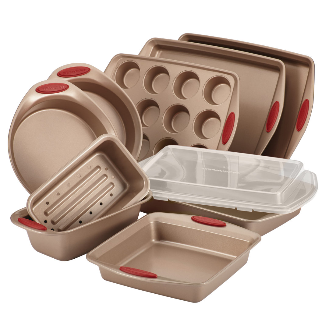 Rachael Ray Cucina Nonstick Bakeware Baking Pans Set, 10 Piece, Latte Brown and Cranberry Red Rachael Ray