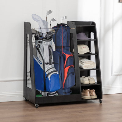 Golf Bag Organizer for Garage, Premium Wooden Golf Clubs Storage Rack Fit 2 Golf Bags, Golf Trunk Organizer for Car Garage Club Shed Basement,Black