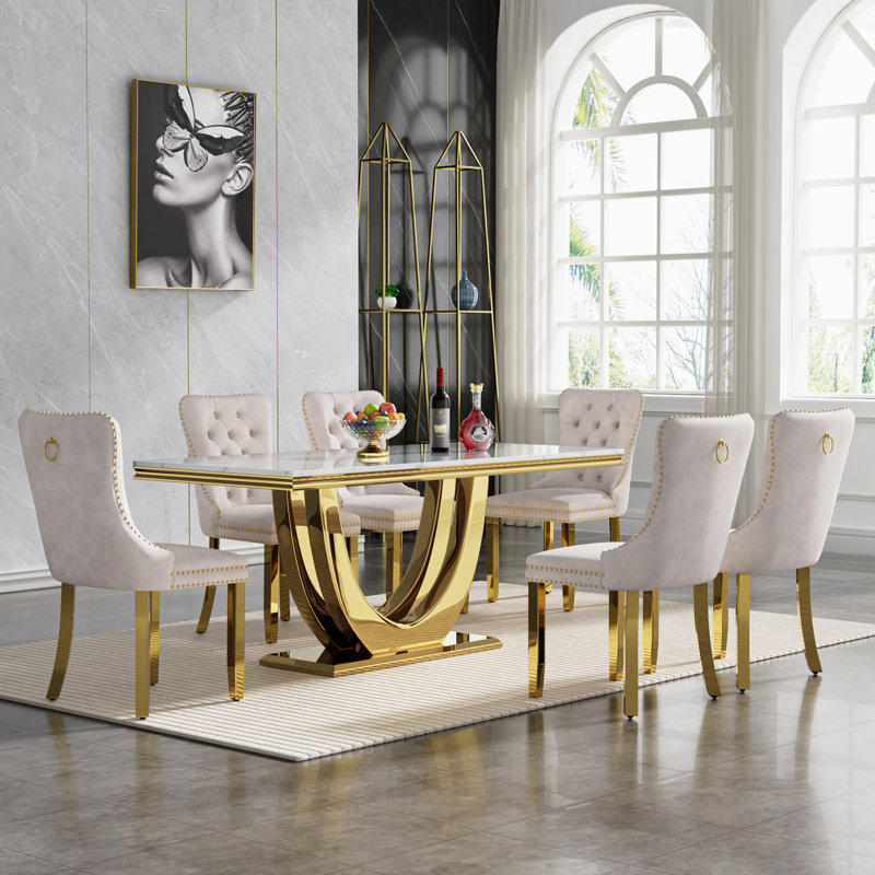 Luxury Marble Dining Table Set for , 68" Dining Room Table with Dining Chairs, White Dining Table with Faux Marble Top & Stainless Steel Pedestal, Large Dining Table and Chairs Set for Home Furniture