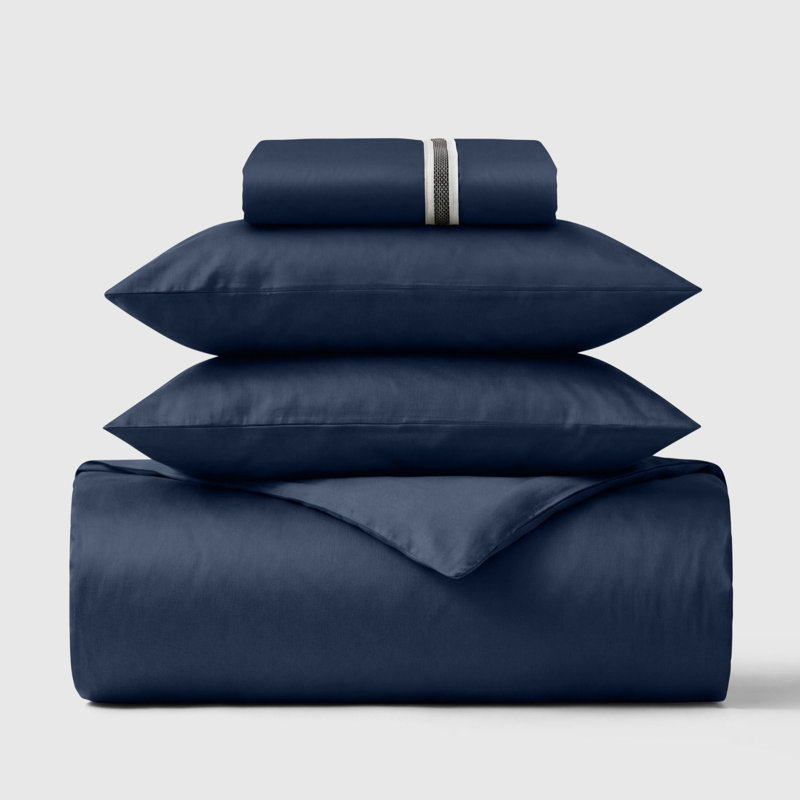 100% Cotton Sateen 460 Thread Count 4-Piece Bedding Set, Single, Navy, 50x90cm Pillowcase