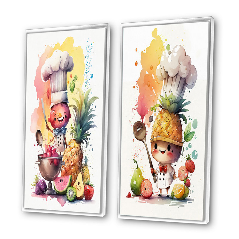 «Cute Chef Cooking With Fruit», 2 pièces sur toile, Cadre blanc, H 24 po x l 20 po