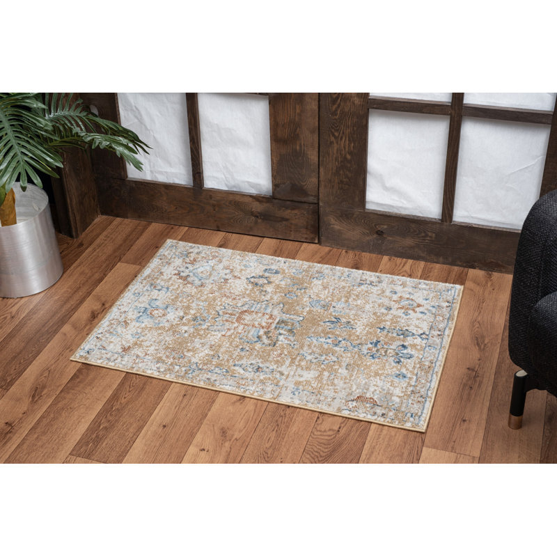 Gold and Beige 5' x 7' Stain-Resistant Synthetic Area Rug