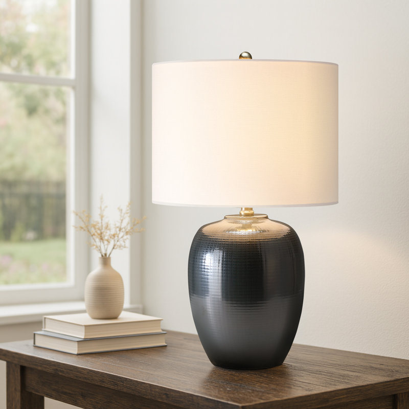 23in. 3-Way Gray Ceramic Table Lamp With Drum Shade, Gray