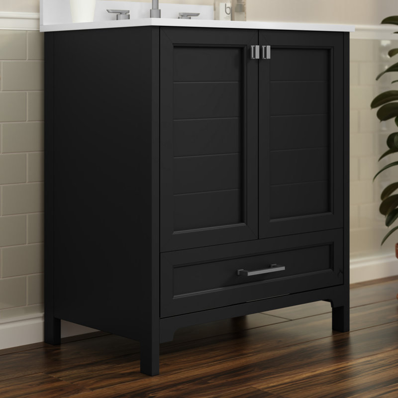 Meuble-lavabo de salle de bain avec lavabo encastré, armoire et tiroir, Noir, Nickel