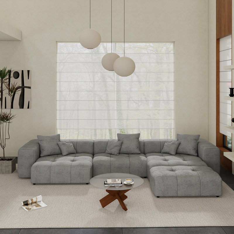 Canapé modulaire rembourré en tissu de lin avec repose-pieds 4 pièces Kay Crumley, Gris