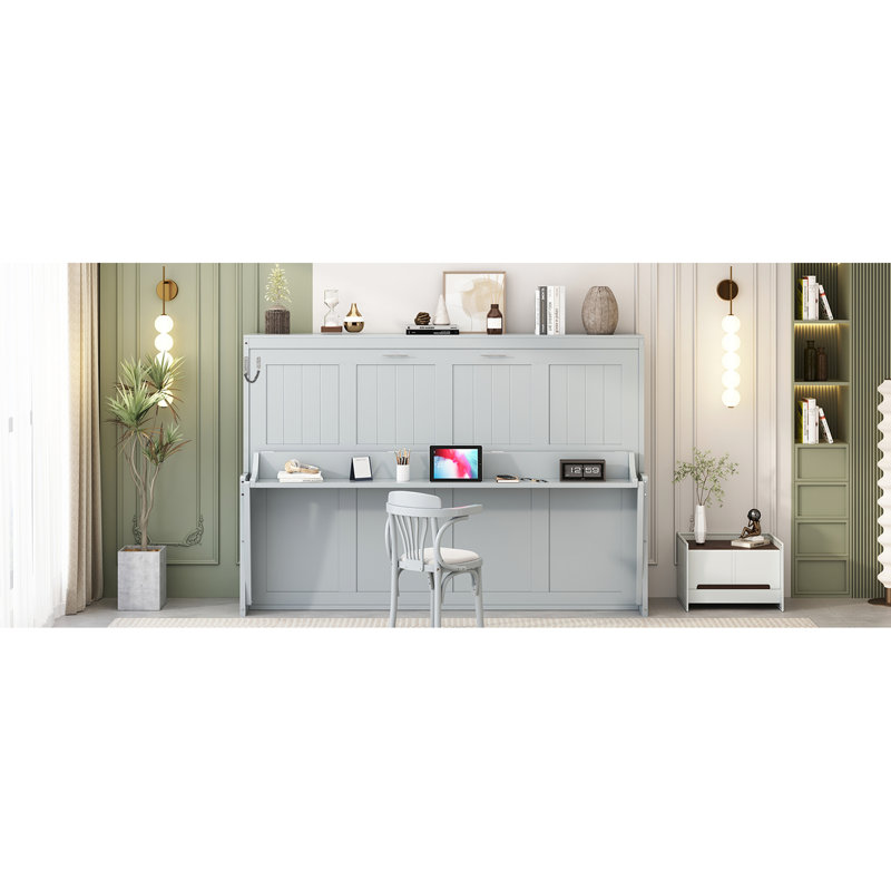 Grand lit gris avec fonction de levage et de bureau hydraulique, peu encombrant, cadre de support de 600 lb, rangement intégré pour le matelas, charnières murales de 10 po, petit design, suggéré