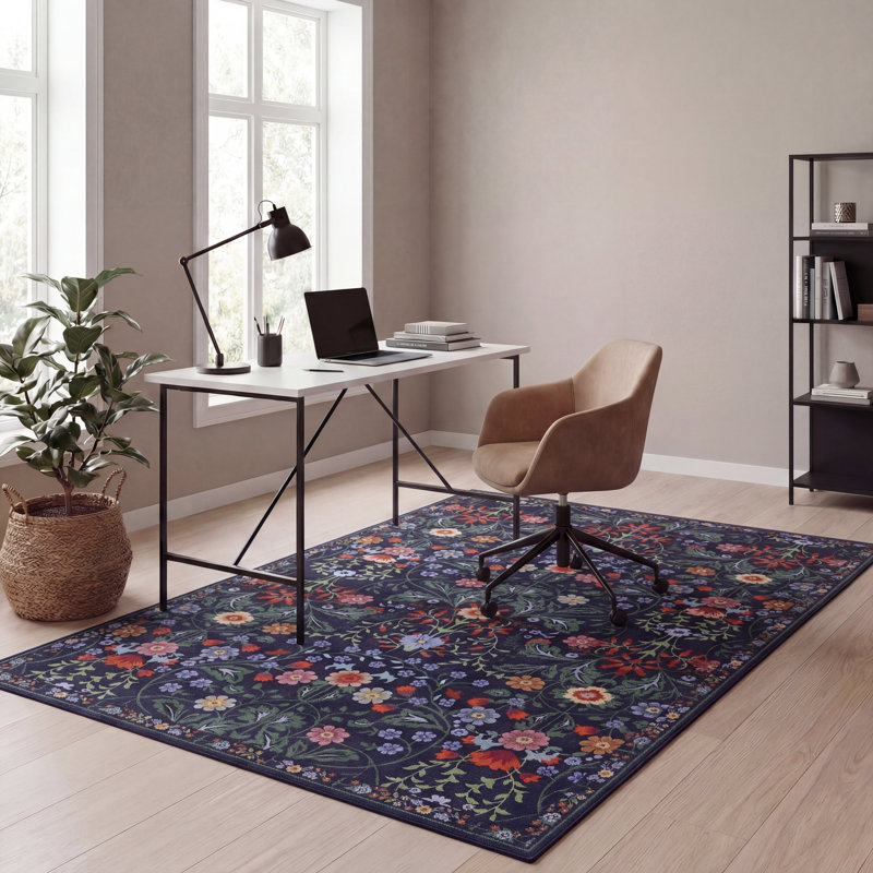 Tapis lavable à la machine Primrose Art Nouveau, Vert/rose, Rectangulaire 8 pi x 10 pi
