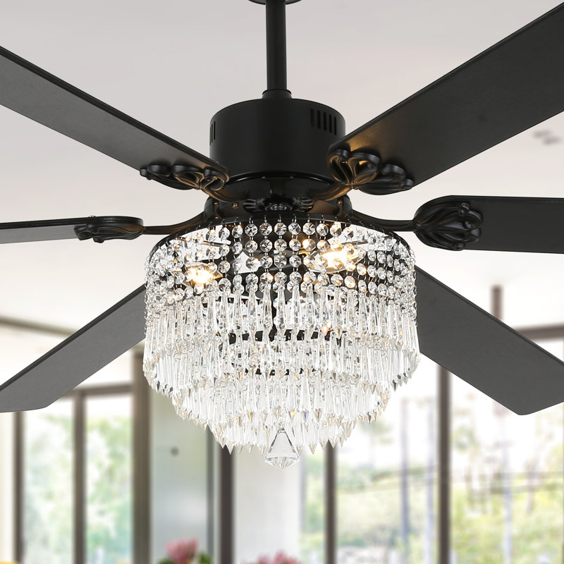 Leisel 65" Black Modern Glam Crystal Ceiling Fan with Lights, 6 Speeds Reversible Chandelier Ceiling Fan with Crystals for Large Room