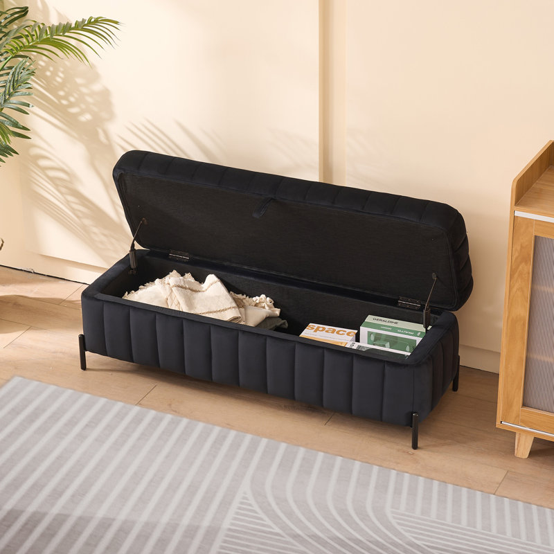Banc de rangement rembourré en velours avec pieds en métal, idéal pour le salon, Noir