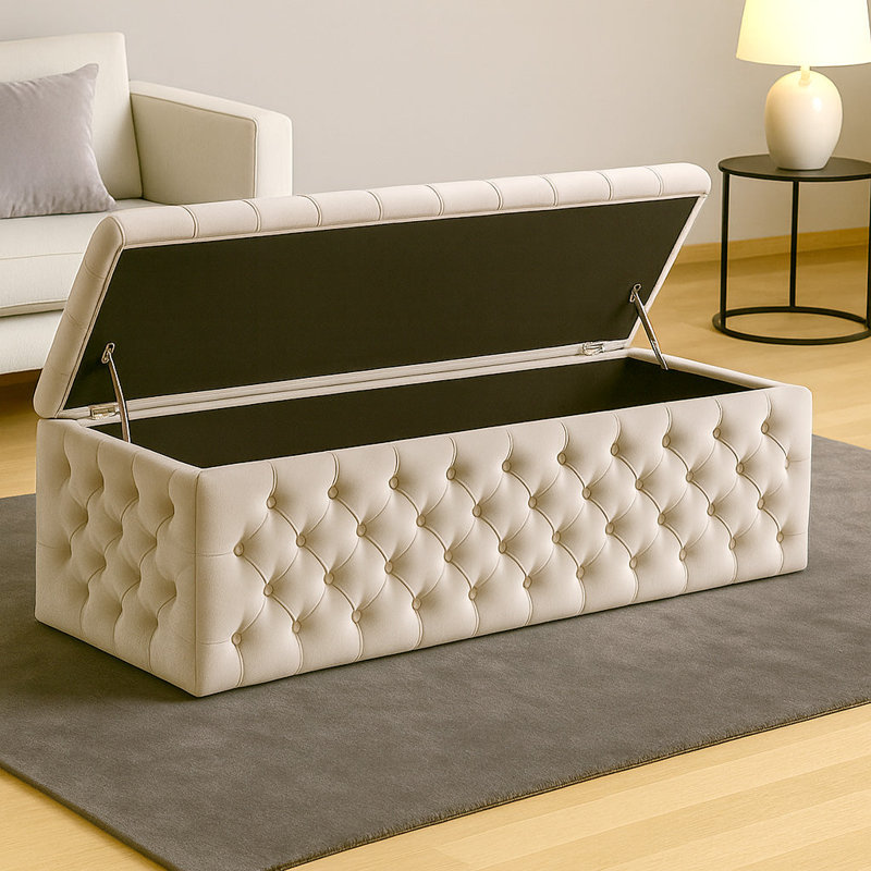 Lux Wide Velvet Chesterfield Rectangle Solid Color Standard Ottoman Box with Storage, 120cm W x 42cm D x 40cm H, Cream