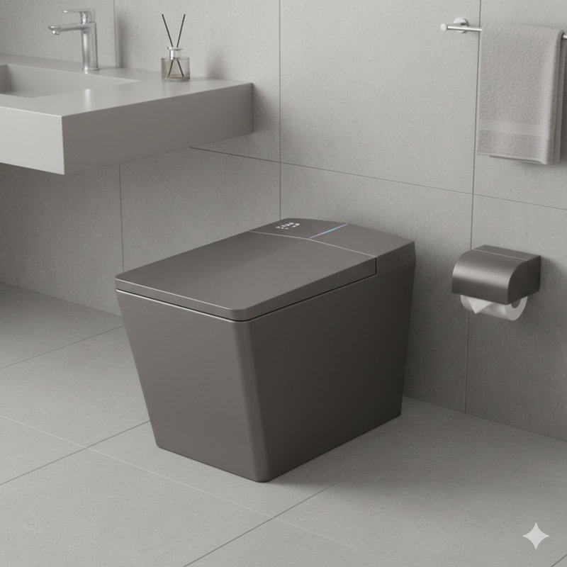 Square-shaped smart toilet with a concealed tank for bathroom use, includes remote control, tankless bidet functions with foot-touch lid opening, automatic flushing, heated seat, LED digital display, and user memory settings, in matte grey.