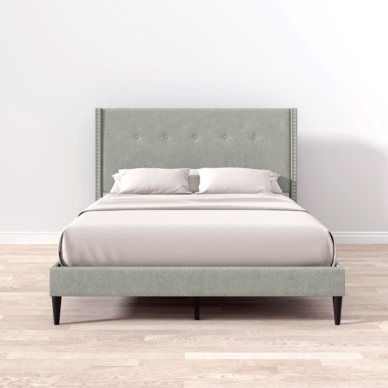 Burchfield Upholstered Wingback Bed, Stone, Queen