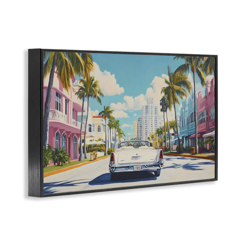 Voiture classique dans une ville tropicale, estampe numérique, design par Franklyn Gregory, H 12 po x l 18 po