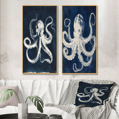 Octopus in Prussian Blue I - Octopus Canvas Wall Art Set of 2