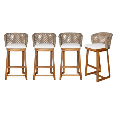 Outdoor Acacia Wood Bar Stools (4 PCS), Teak Finish Bar Height Chairs with Beige Cushion & Light Brown Wicker Back, Counter Height Stools for Patio, Poolside, Kitchen Island
