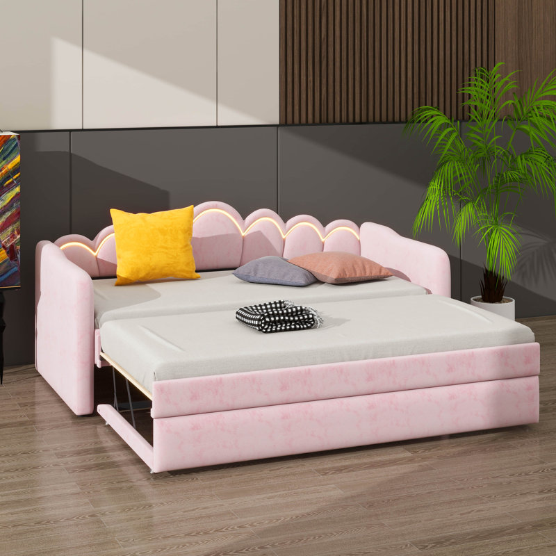 Twin XL Size Upholstered Daybed With Trundle And LED Light, Trundle Adjustable, Pink