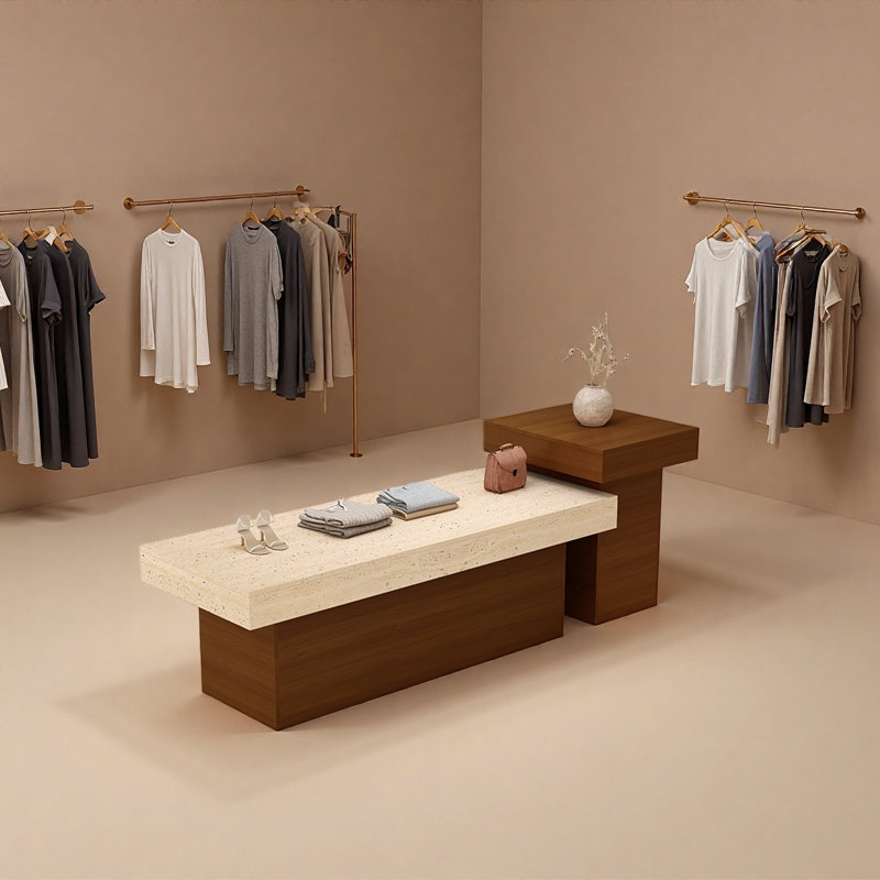 Table de présentation haut de gamme pour magasin de vêtements, H 35,43 po x l 94,49 po x P 23,62 po, Blanc/noyer