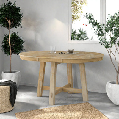 Farmhouse Round Dining Table With Extendable Leaf, X-Pedestal Base, Seats 4-6, Solid Wood And Veneer