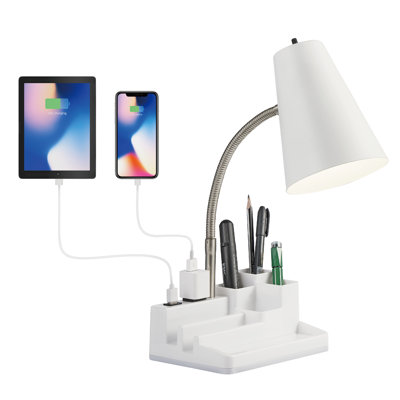 Lampe de bureau E26 avec 1 port de charge USB et 1 prise de courant, base de rangement, cou réglable, interrupteur marche / arrêt, lampe de table moderne pour lire, travailler, étudier (blanc)