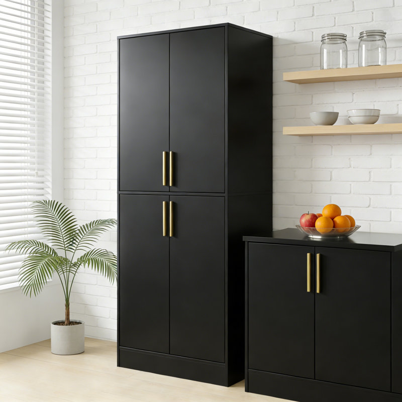 Armoire de 71 po de hauteur avec 4 portes, armoire de rangement pour garde-manger, armoire de garde-manger autoportante, huche de cuisine avec poignées dorées pour la salle à manger, salle de bain, noir