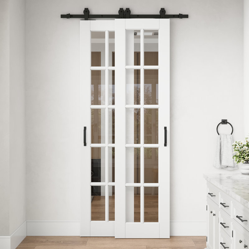 Porte standard préfinie en verre clair à 10 carreaux de 40 po x 96 po avec ensemble de quincaillerie pour porte coulissante de style grange pour garde-manger
