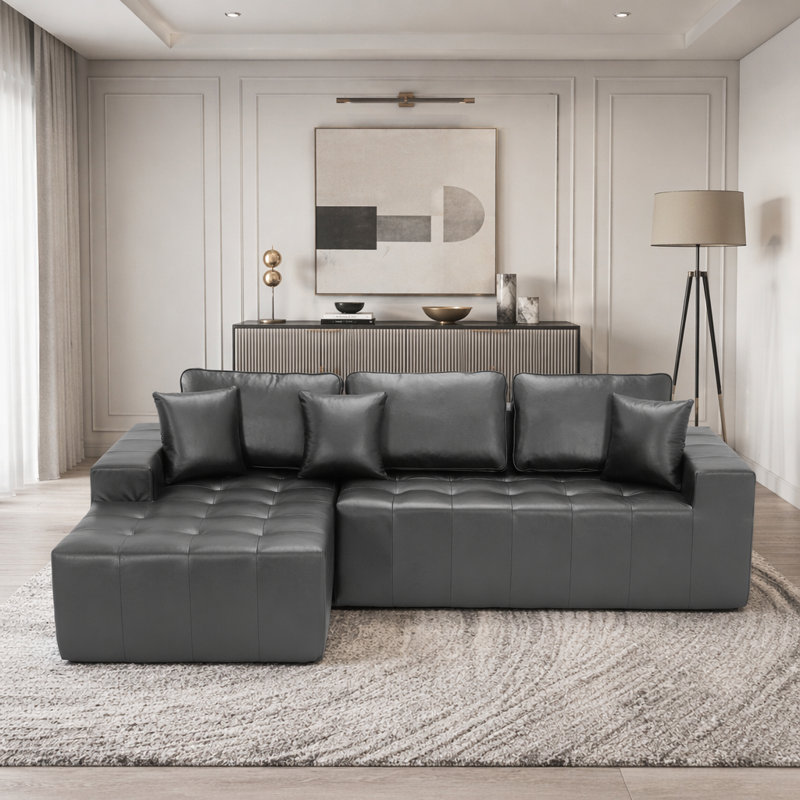 Canapé-lit à compression en L sans assemblage, Black Faux Leather - Left Chaise, Black Faux Leather