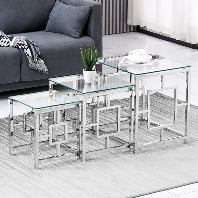 Broadoaks 3 - Piece Stainless Steel Nest Of Tables With Tempered Glass Top For Living Room(Grid)