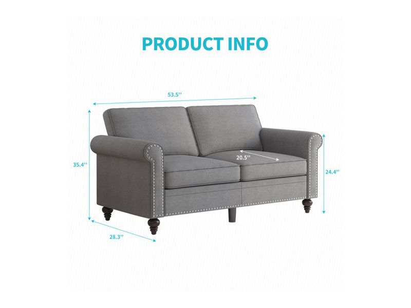 Causeuse en lin 53 po avec pieds en forme de gourde et détails de rivets, Gris clair