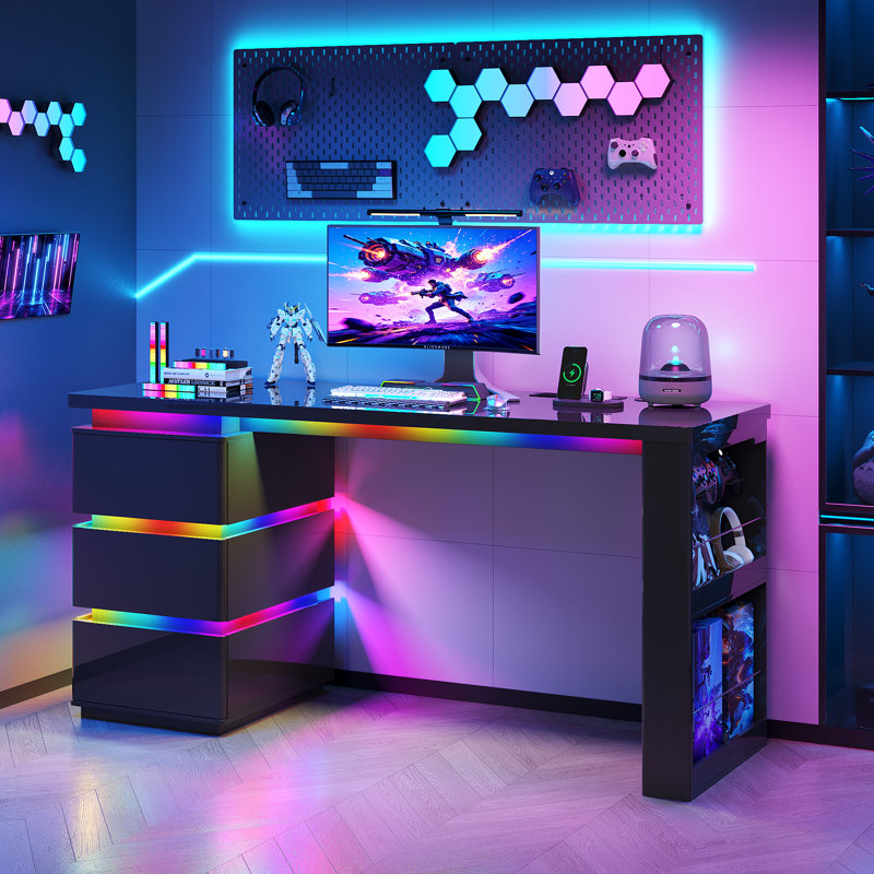 Gaming Desk with RGB Lights & Power Socket, 3 Drawers & 2 Open Shelves, Black