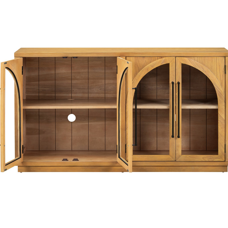 Buffet arqué à 4 portes avec façade en verre, hauteurs de tablettes réglables, poignées en métal naturel, design rétro et poignées en métal, trous de câbles, serrure silencieuse pour rangement de meubles de cuisine avec portes en verre,
