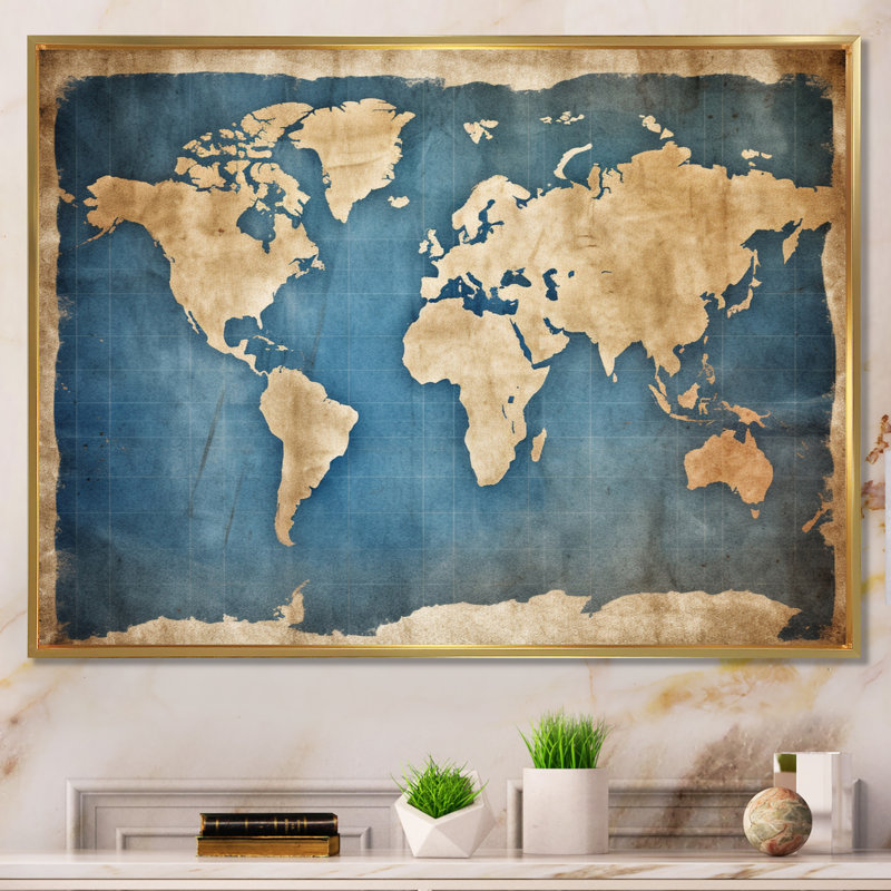 Ancienne carte du monde III, reproduction d'art sur toile, H 30 po x l 40 po x P 1,5 po, Cadre flottant doré