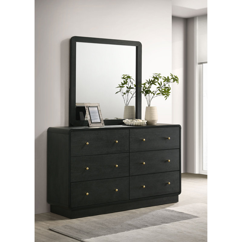 Commode 6 tiroirs noire avec miroir assorti, commode en bois d'hévéa avec boutons en laiton, ensemble de meuble-lavabo de chambre à coucher noir
