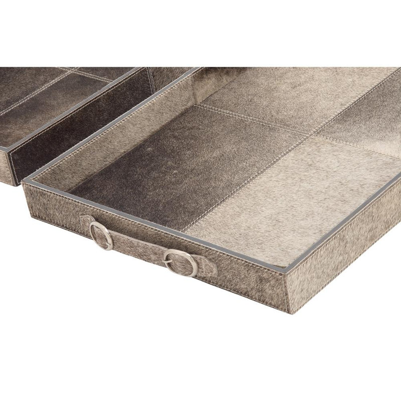  Arabella Leather Gray Wooden Handmade Cowhide Living Room Decor Tray with Slot Handles, Set of 2, Gray