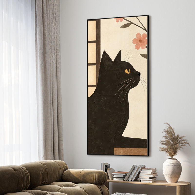 Très grande reproduction d'art sur tissu - Profil de chat noir avec fond floral, décoration pour le salon ou la chambre à coucher - «Assemblage requis du cadre (cadre non fini)»