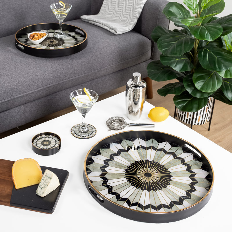 Savoy Glass Gold Trim Round Trays (Set of 2), Silver/Black
